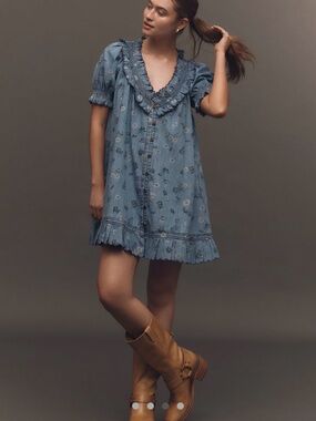 Pilcro Puff-Sleeve Ruffled V-Neck Swing mini dress